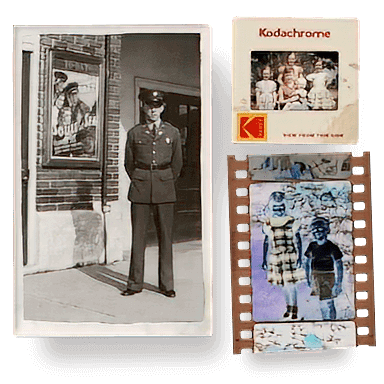 Collection of photo prints, slides, and film negatives for scanning and restoration services